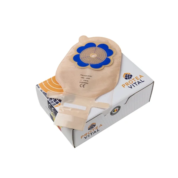 One-piece drainable ostomy bag with box